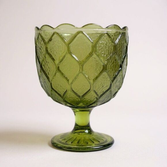 Indiana Glass Other - Indiana Glass Olive Green Diamond Pattern Pedestal Goblet Scalloped Edge Regent